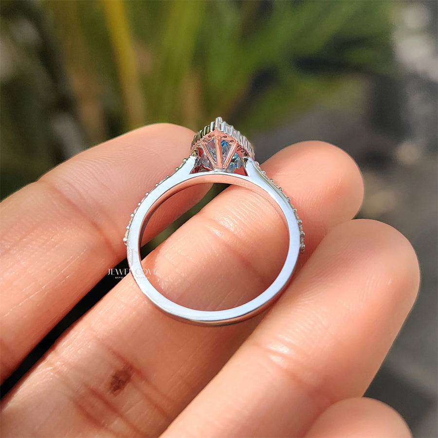Cyan Blue Pear Diamond Ring In cathedral setting | Moissanite Diamonds | GRA Certified