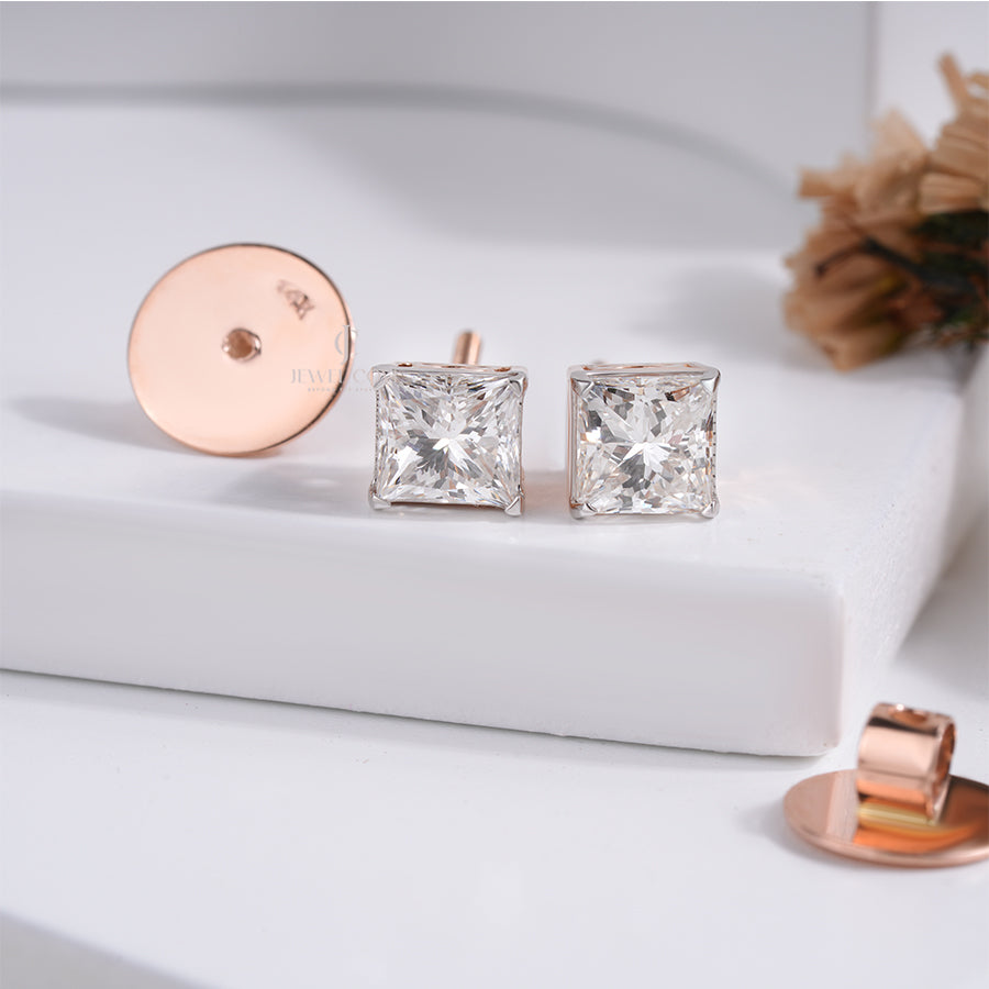 Princess Cut Diamond Stud Earrings for Women in Rose Gold Daily Wear Jewellery Gift