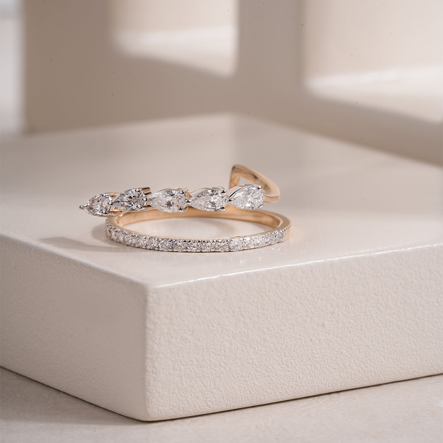 Pear Cut Moissanite Elegant Yellow Gold Stackable Ring Diamonds and Slim Pave Band