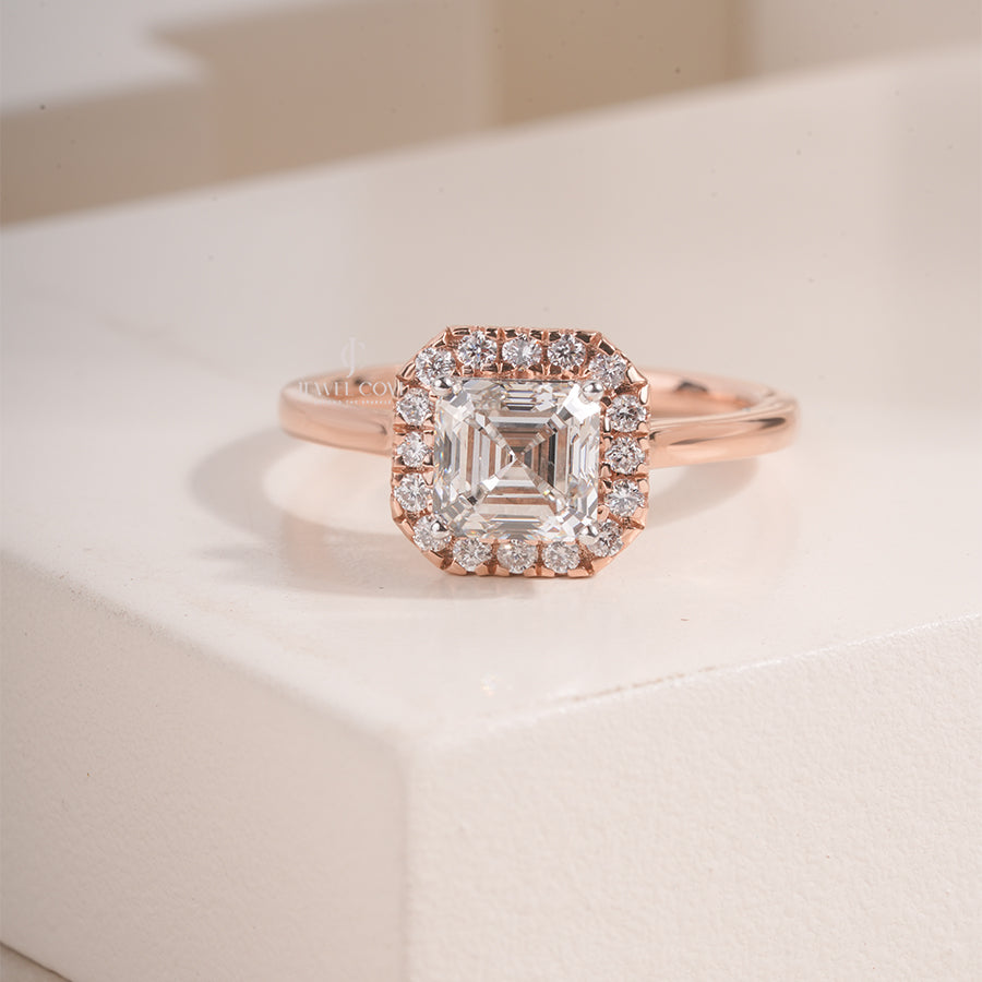 Asscher Cut Lab Grown Diamond Halo Setting, Asscher Shape Bridal Ring
