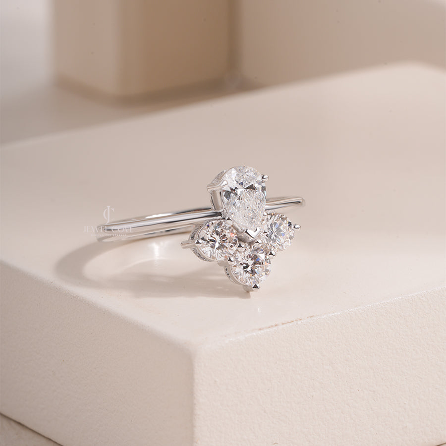 Pear & Round Side Stones Solitaire Ring | Lab Grown Diamond | 14K White Gold Eternity Ring | IGI Certified