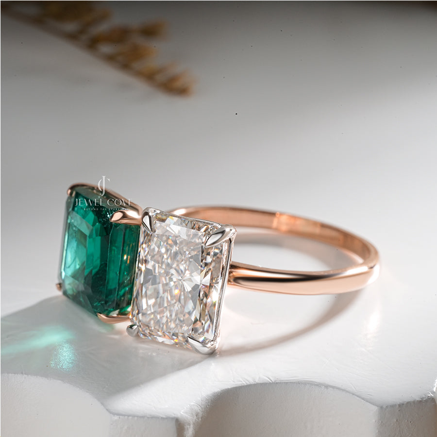 Two Stone Emerald Solitaire Lab Grown With Green Stone Ring | IGI Certified | E-F Color | VVS- VS Clarity
