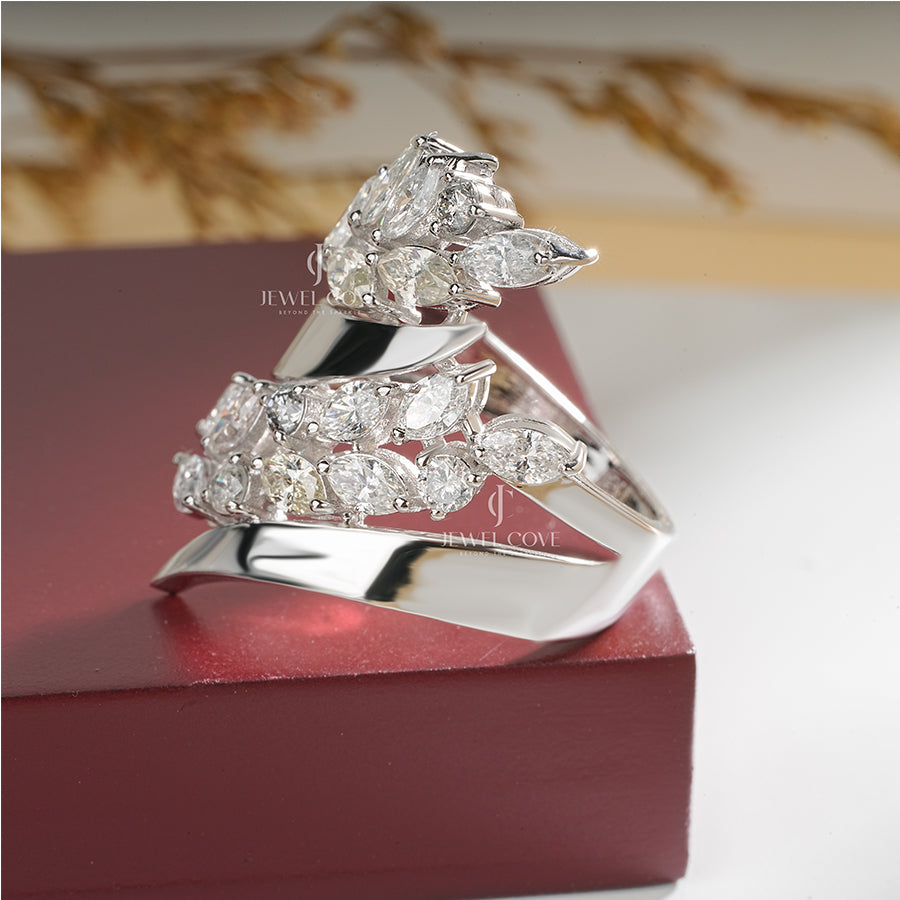 1.80ctw Marquise Lab Grown Leaf Wrap White Gold Ring | IGI Certified | E-F Color | VVS- VS Clarity