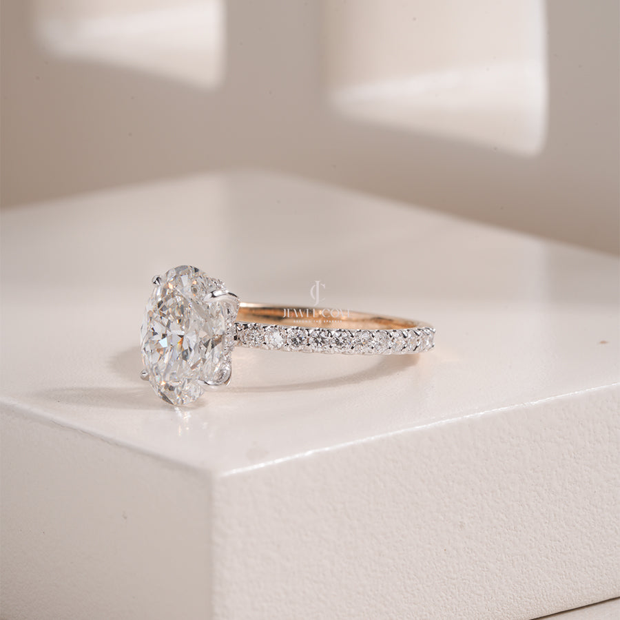 Oval Lab Grown Engagement Eternity Ring with Pave Band | IGI Certified | Yellow Gold Ring