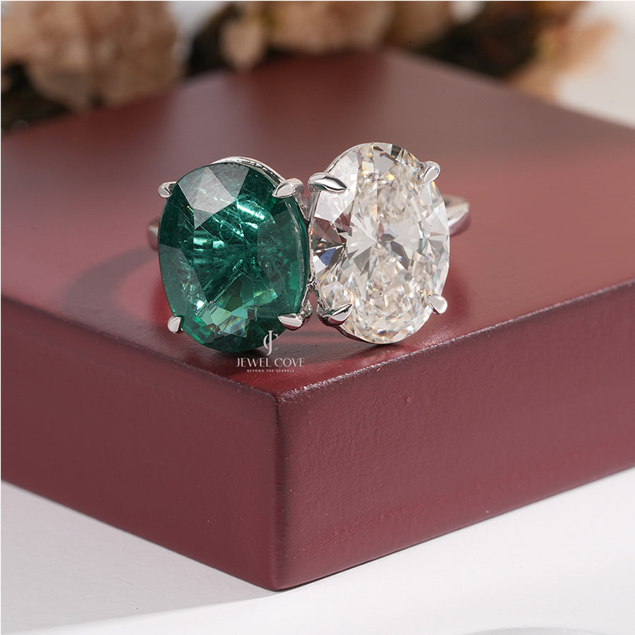 Two Stone Oval Cut Ring with Green Emerald and White Diamond