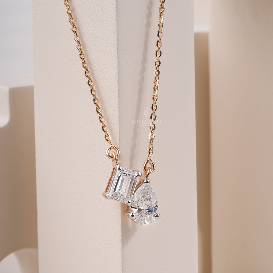Two Stone Emerald & Pear Lab Grown Diamond Solitaire Pendant With Chain | IGI Certified