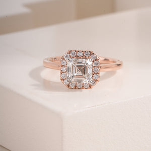Asscher Halo Moissanite Solitaire Ring | IGI Certified | E-F Color | VVS- VS Clarity