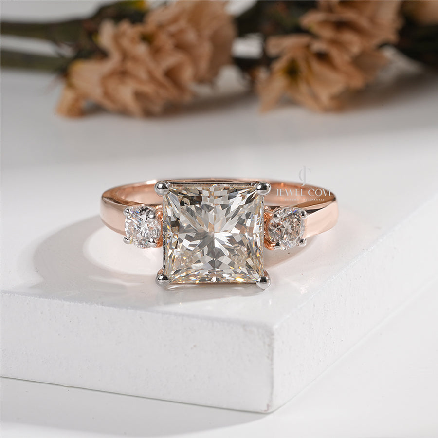 Three-Stone Princess-Cut Diamond with Round Side Diamond Ring