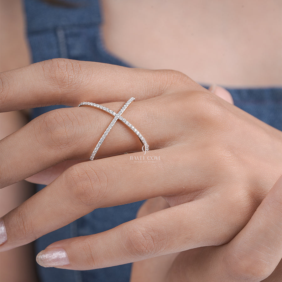X-Shape Crossover Moissanite Ring with Pave Setting | IGI Certified
