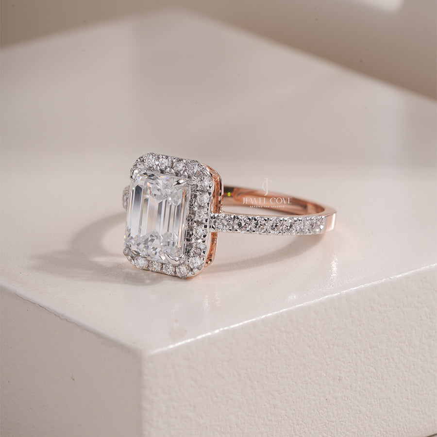 Classic Emerald Lab Grown Diamond Halo Ring with Pave Band | Engagement Jewelry