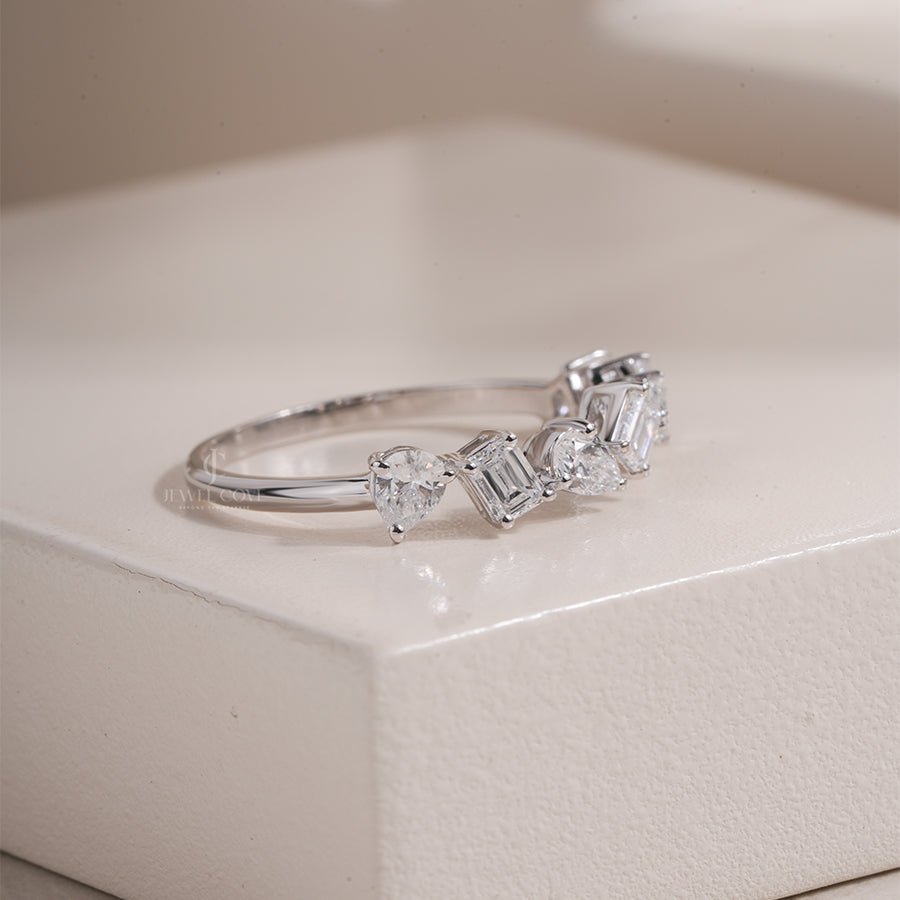 Mixed Moissanite Diamond Band for Women Emerald, Pear & Heart Diamond 18K Yellow Gold Engagement Ring