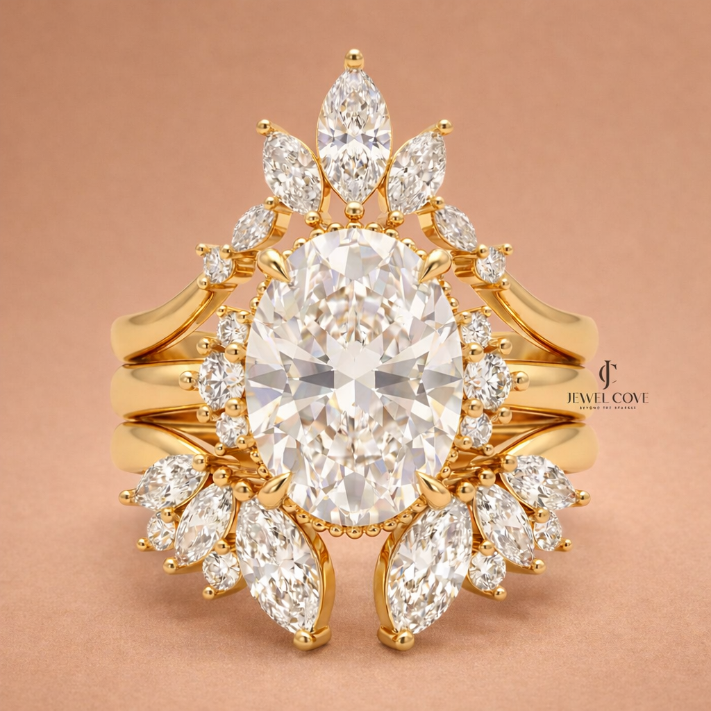 2CT Oval Solitaire Lab Grown Stack Marquise Wing Bridal Ring Set | IGI Certified