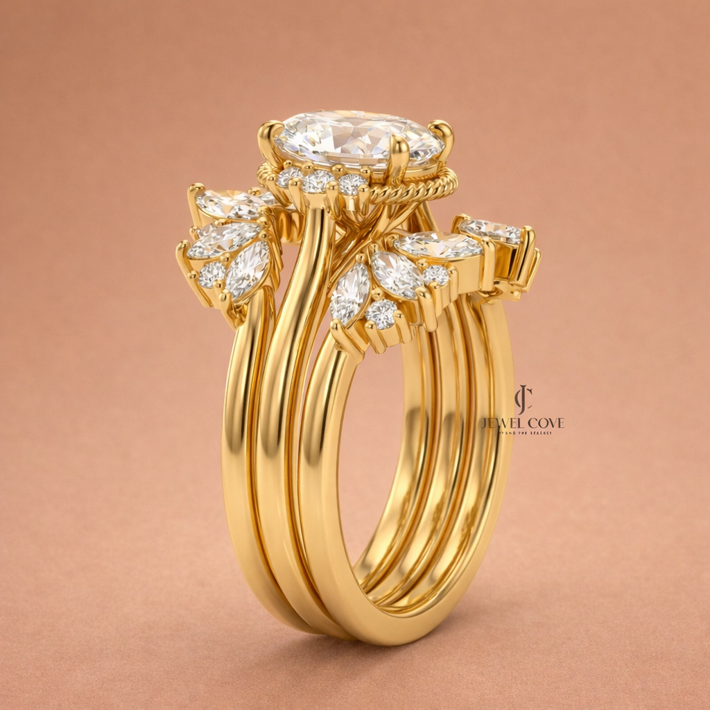 2CT Oval Solitaire Moissanite Stack Marquise Wing Bridal Ring Set | IGI Certified