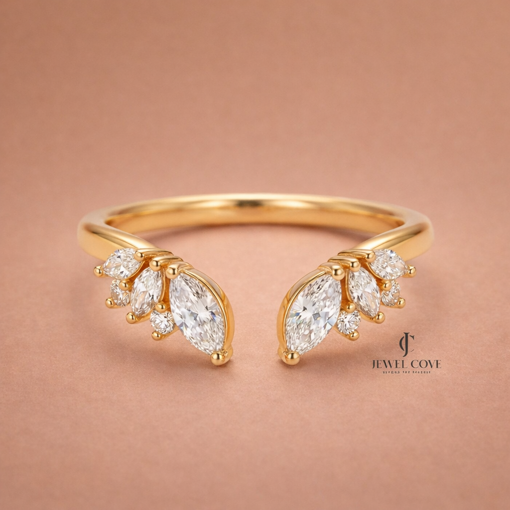 14K Yellow Gold Marquise Open Cuff Lab Grown Band For Daily Wear | IGI Certified