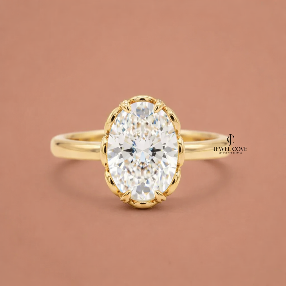 2CT Oval Cut Lab Grown Hidden Halo Engagement Ring | IGI Certified Yellow Gold Ring