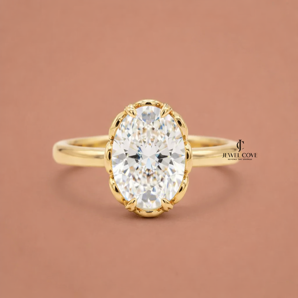 2CT Oval Cut Lab Grown Hidden Halo Engagement Ring | IGI Certified Yellow Gold Ring