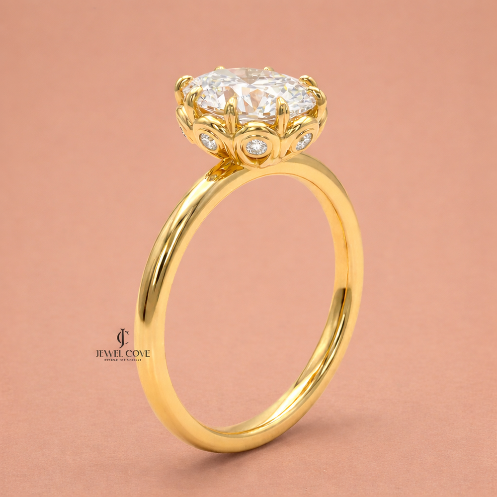 2CT Oval Cut Lab Grown Hidden Halo Engagement Ring | IGI Certified Yellow Gold Ring