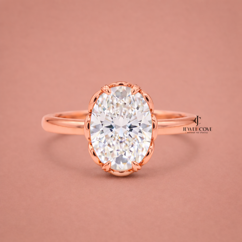 2CT Oval Cut Lab Grown Hidden Halo Engagement Ring | IGI Certified Yellow Gold Ring