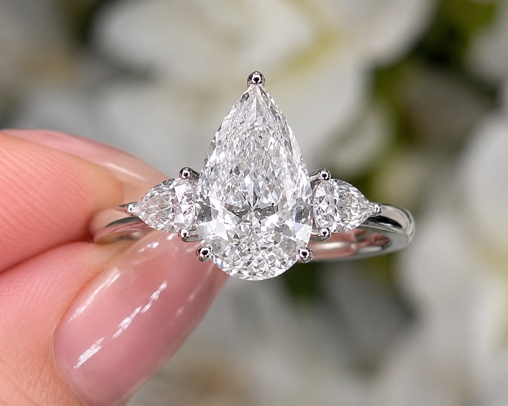 6ctw Pear Lab Grown Diamonds IGI Certified Ring | Side Stone Each 1ct | 3 Stone Ring