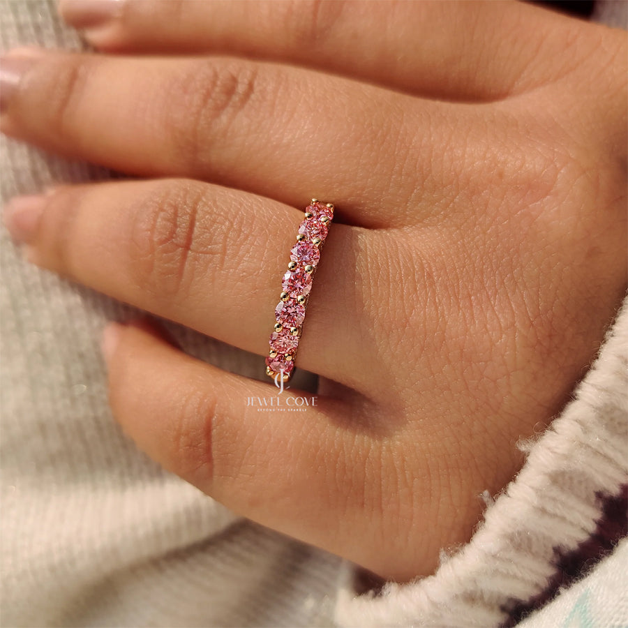 Pink Round lab Grown Diamond Wedding Band in Half Eternity Style | IGI Certificate