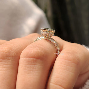 14K Vintage Green Marquise with Round Hidden Halo Flower Crown | Lab Grown Diamonds | IGI Certified