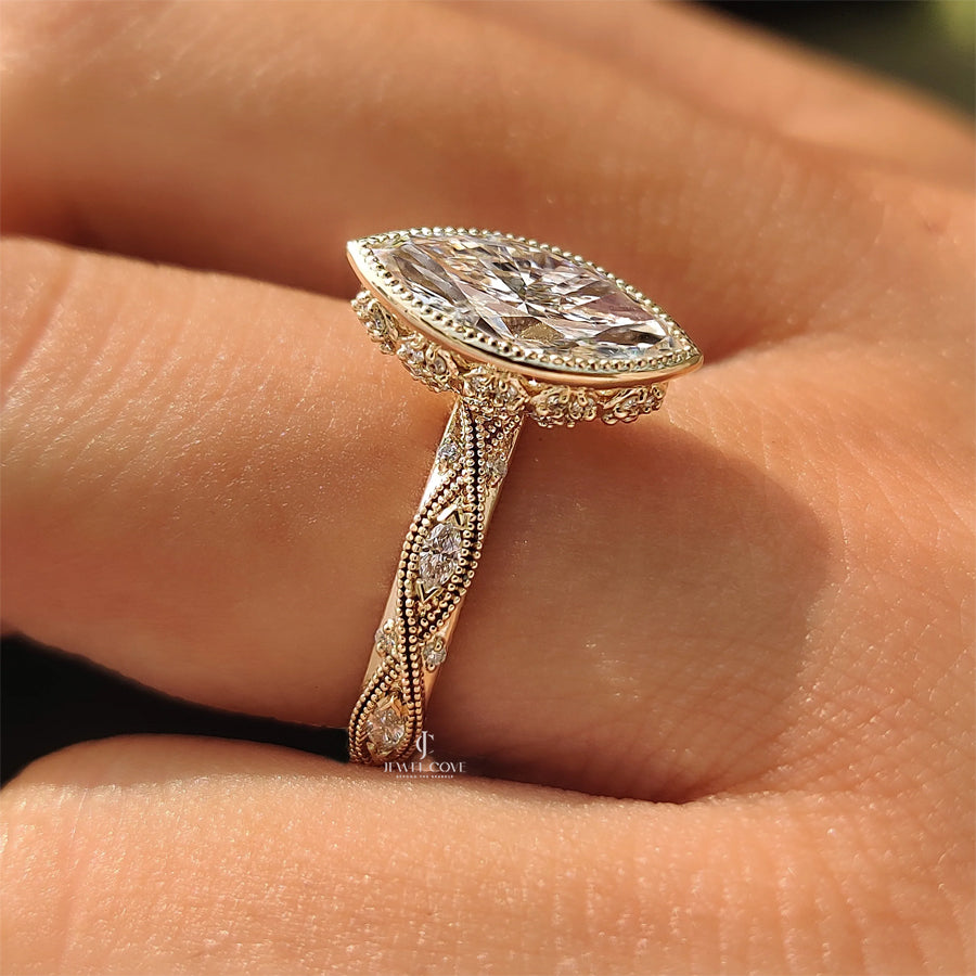 18K Vintage Marquise Diamond Bezel Set Engagement Ring with Pave Style | IGI Certified