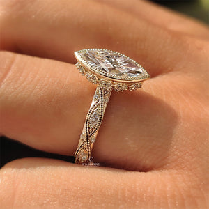 18K Vintage Marquise Diamond Bezel Set Engagement Ring with Pave Style | IGI Certified