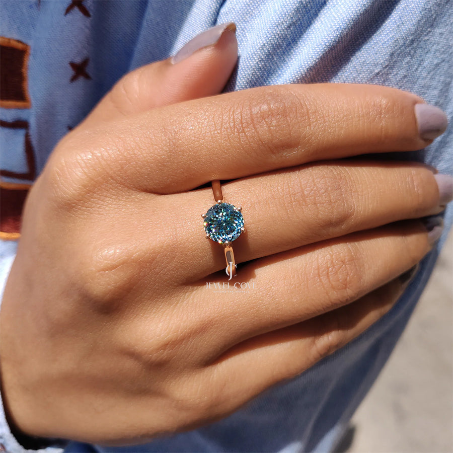 Cyan Blue Portuguese Cut Solitaire Engagement Ring | Moissanite Diamond | 6 prong Cathedral Ring