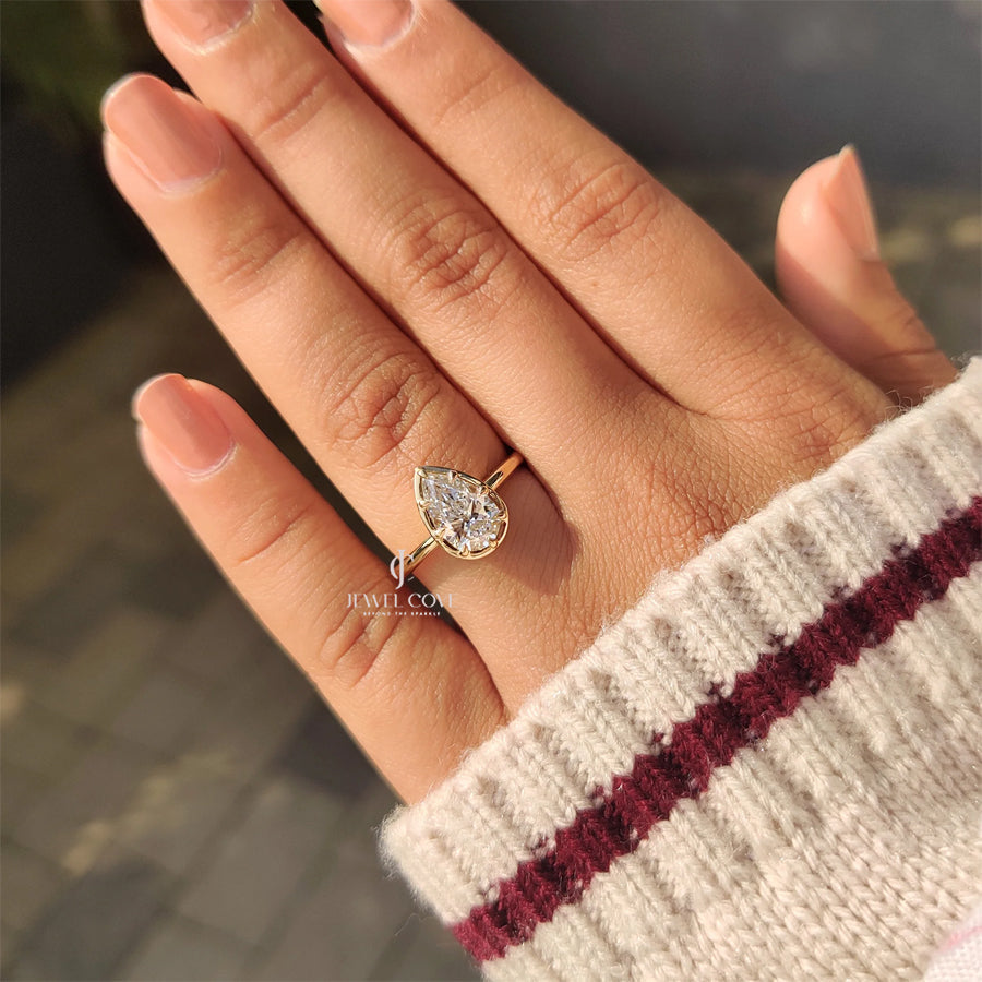 Pear Cut Diamond Ring in Bezel Type Prong Setting | Lab Grown Diamonds | IGI Certified | E-F Color