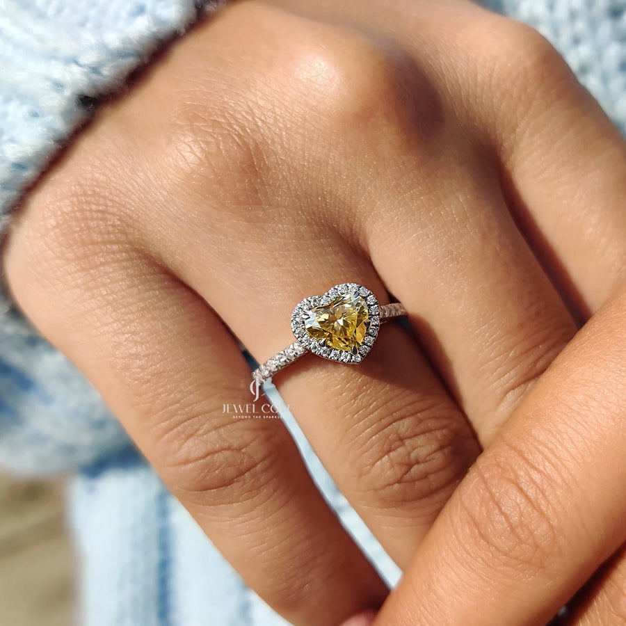 14K Halo Set Canary Yellow Heart Cut lab Grown Engagement Ring | Bezel Setting | IGI Certified