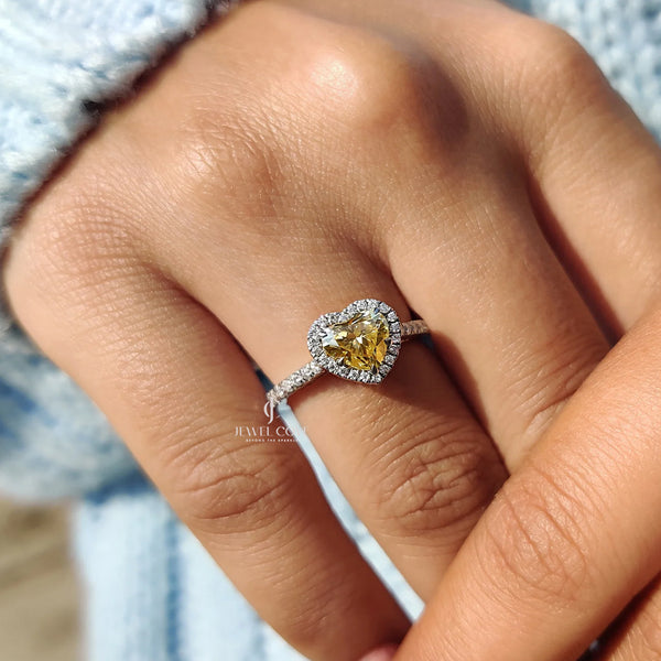 14K Halo Set Canary Yellow Heart Cut lab Grown Engagement Ring | Bezel Setting | IGI Certified - hover