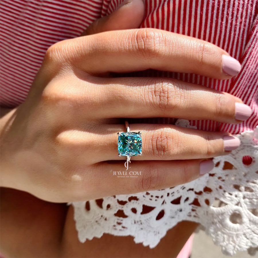 Cyan Blue Cushion Cut Lab Grown Solitaire Ring | IGI Certified | 14K White Gold | Solitaire Ring For Women