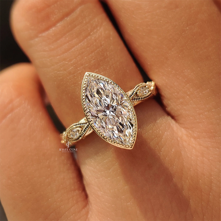 18K Vintage Marquise Diamond Bezel Set Engagement Ring with Pave Style | IGI Certified