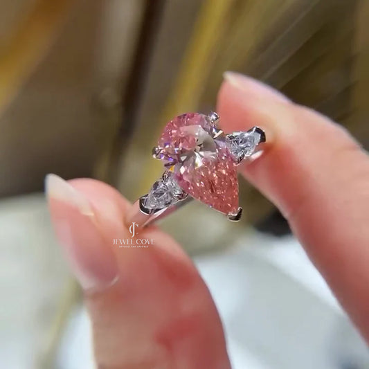 Pear Shape 2.60tcw Fancy Pink Moissanite Diamond Engagement Ring | Three Stone Ring | 2.50ct Center | IGI Certificate