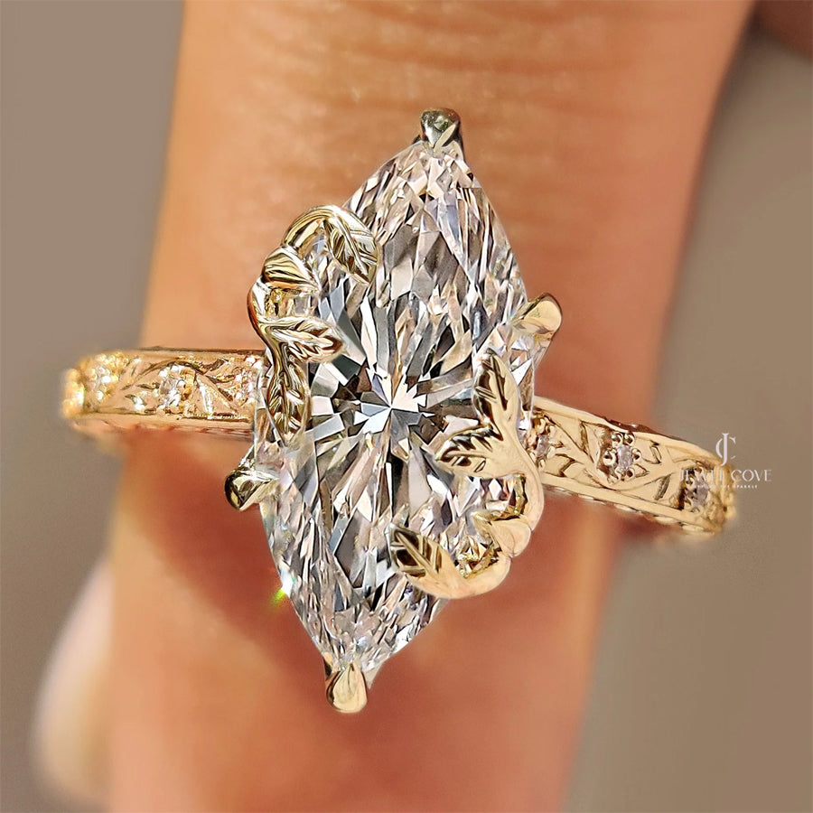 Nature Inspired Marquise Engagement Ring with Leaf and Floral Design | Lab Grown Diamonds | IGI Certified