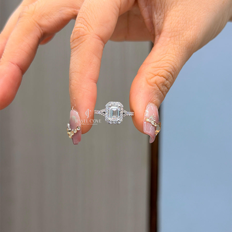 Emerald Halo Twist Shank Diamond Ring | Lab Grown Diamonds | IGI Certified