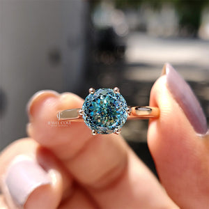 Cyan Blue Portuguese Cut Solitaire Engagement Ring | Lab Grown Diamond | 6 prong Cathedral Ring