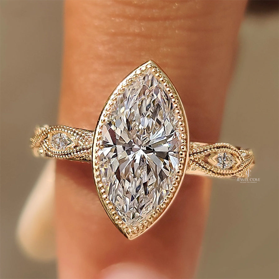 18K Vintage Marquise Diamond Bezel Set Engagement Ring with Pave Style | IGI Certified