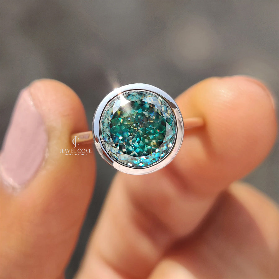 Portuguese Cut Engagement Ring In Bezel Setting | Lab Grown Diamond | Cyan Blue solitaire ring | IGI Certified