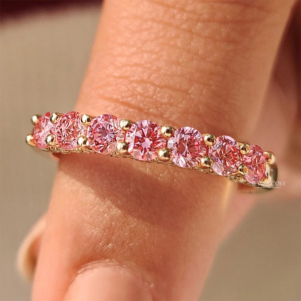 Pink Round lab Grown Diamond Wedding Band in Half Eternity Style | IGI Certificate