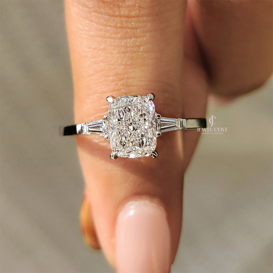 3 Stone Lab Grown Engagement Ring With Cushion And Tapered Baguette | IGI Certified