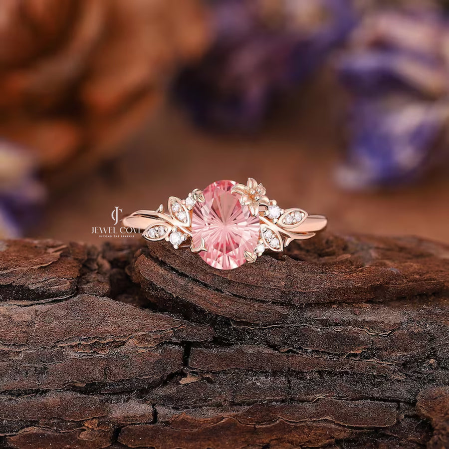 Nature Inspired Pink Sapphire Engagement Ring | Moissanite Diamonds | GRA Certified