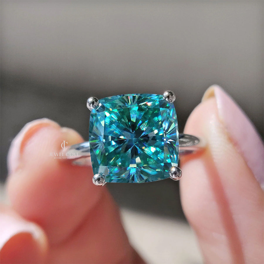 Cyan Blue Cushion Cut Lab Grown Solitaire Ring | IGI Certified | 14K White Gold | Solitaire Ring For Women