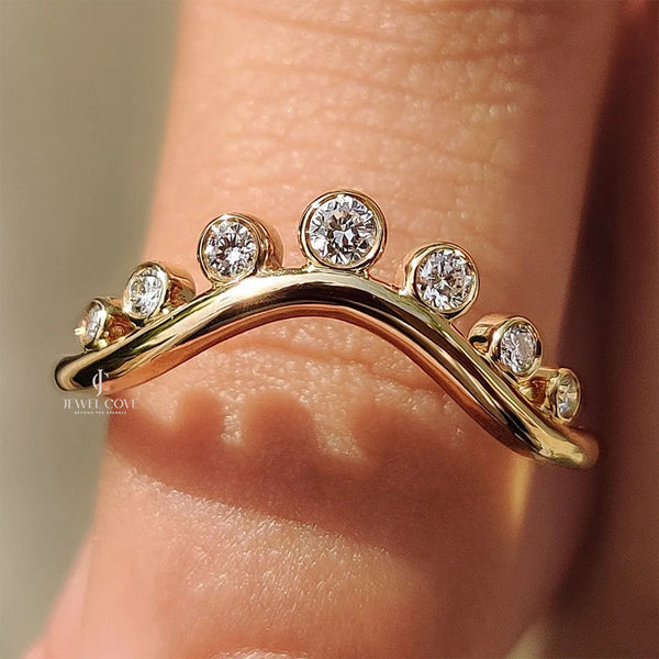 Bezel Set Curved Gold Wedding Band | Lab Grown Diamonds | IGI Certified | E-F Color