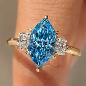 Blue Dutch Marquise Trilogy Engagement Ring with Oval Side Stones | Lab Grown Diamonds | IGI Certified