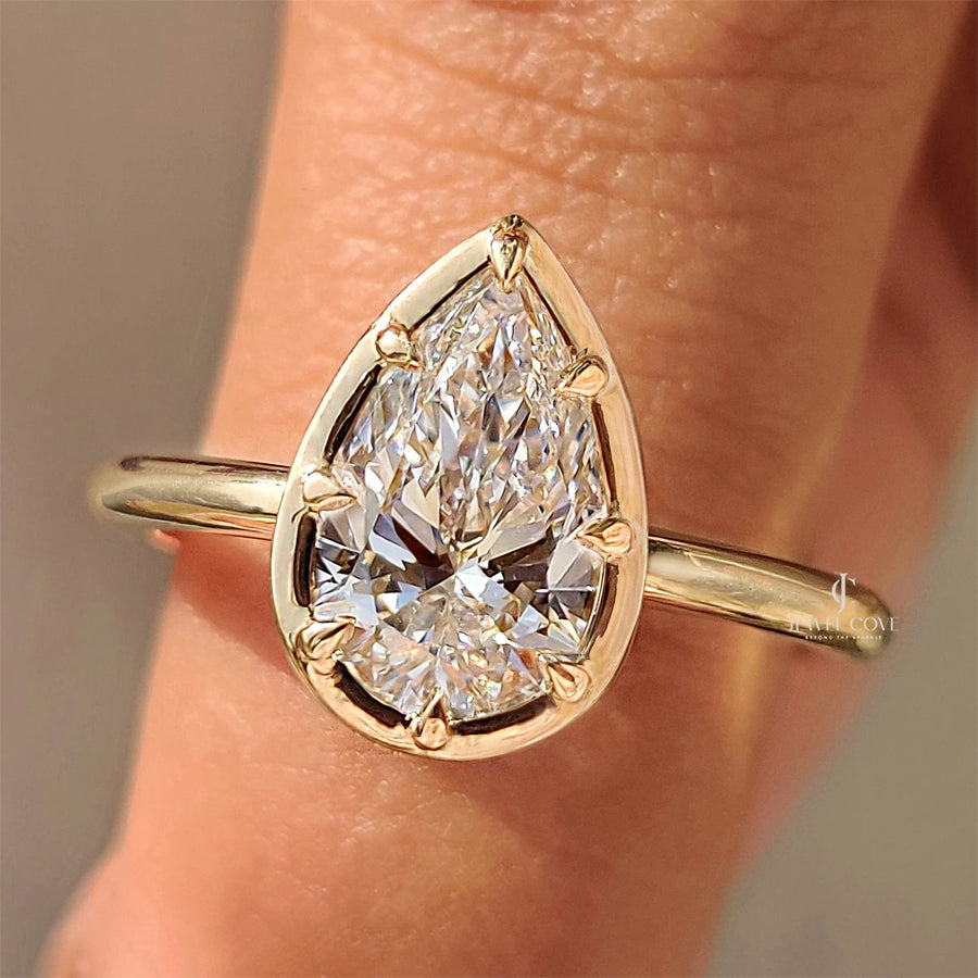 Pear Cut Diamond Ring in Bezel Type Prong Setting | Lab Grown Diamonds | IGI Certified | E-F Color