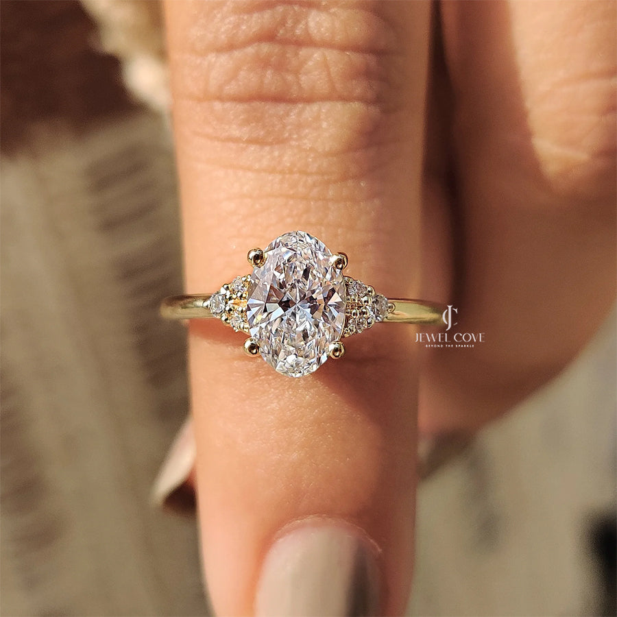 Oval Cut Lab Grown Engagement Ring In Muse Style Cluster Ring | IGI Certified