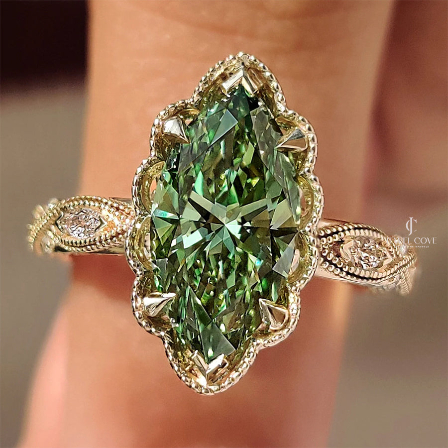14K Vintage Green Marquise with Round Hidden Halo Flower Crown | Lab Grown Diamonds | IGI Certified