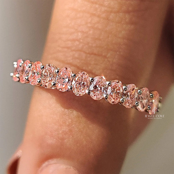 Oval Cut Pink Diamond Wedding Band In Half Eternity Style | Lab Grown Diamonds | IGI Certified
