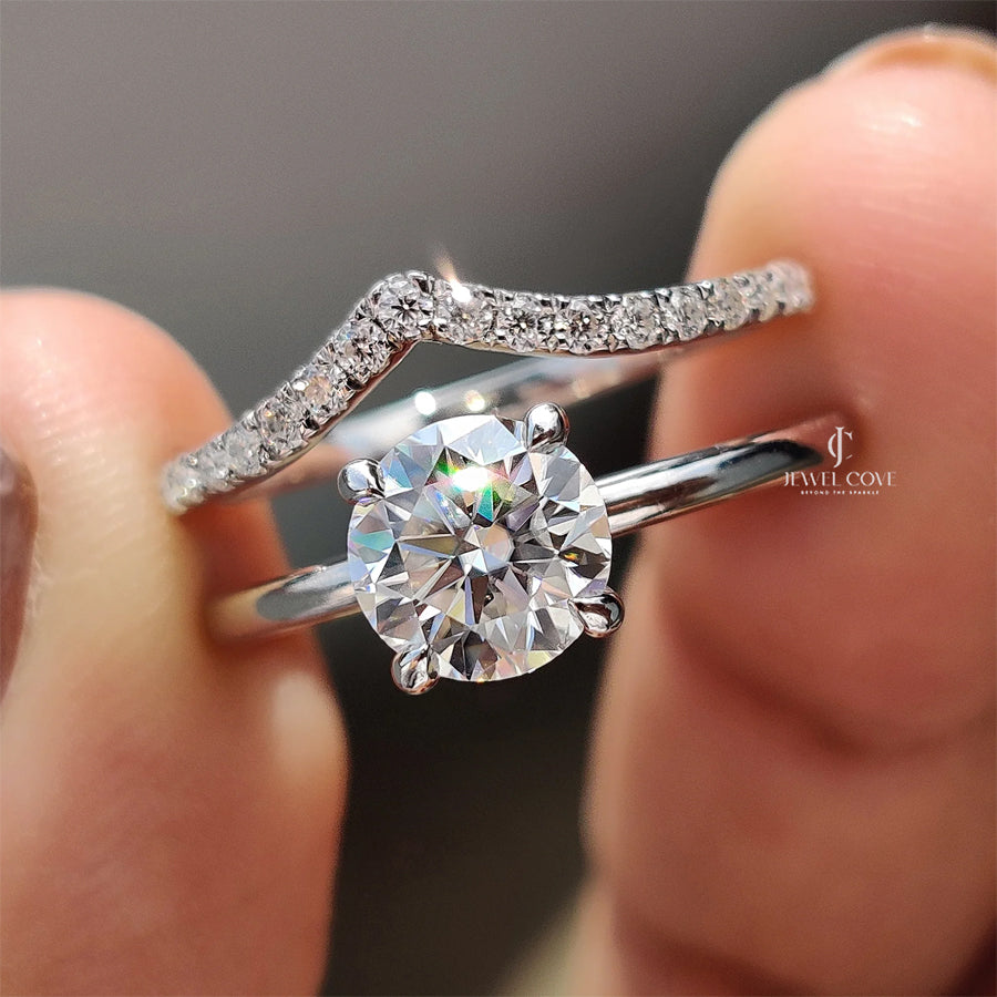 1CT Round White Gold Bridal Set With V Shaped Band | Lab Grown Diamonds | IGI Certified